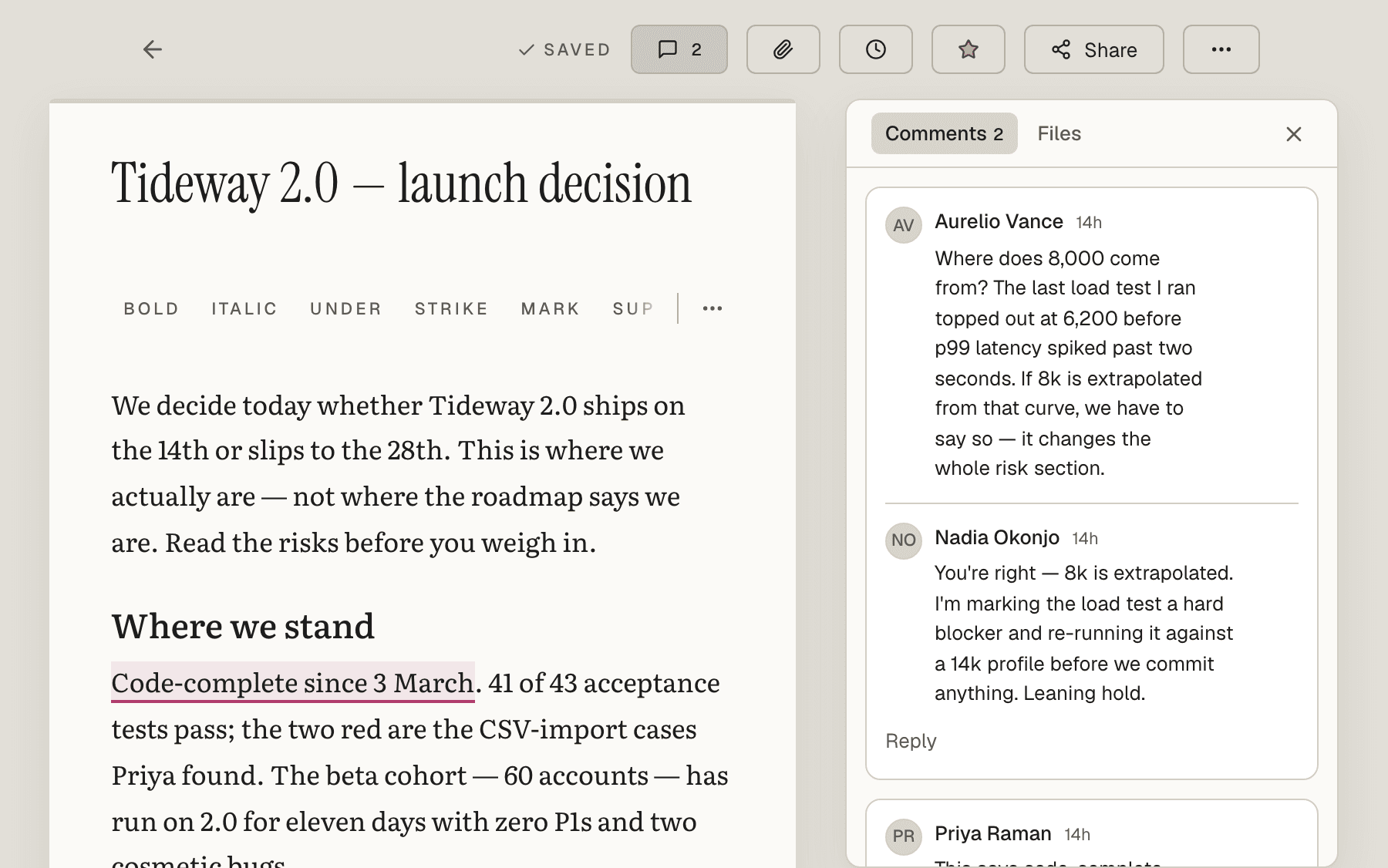 A comment thread in the Philoi editor: an anchored phrase highlighted in the document and a reply thread in the comments panel.