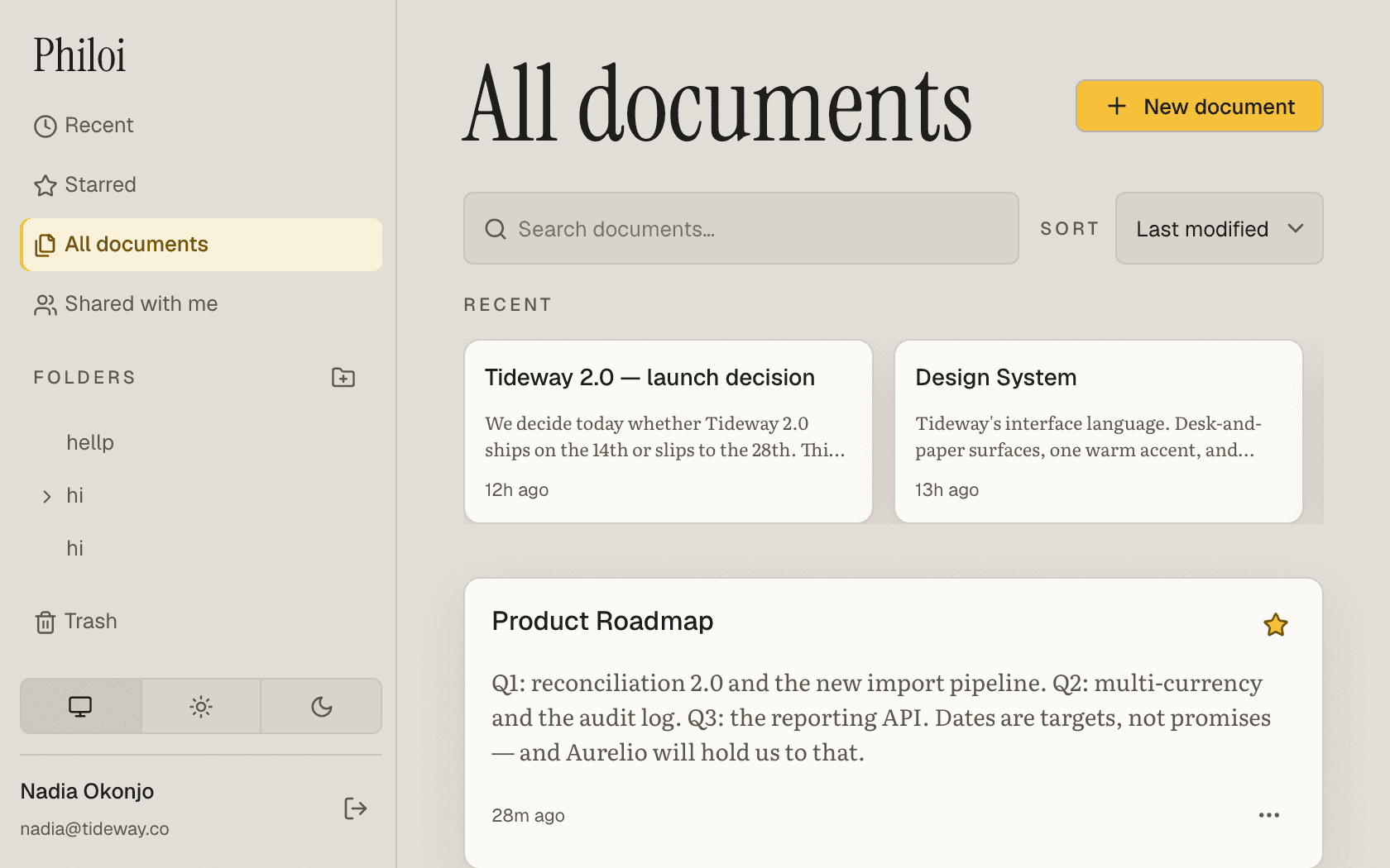 The Philoi dashboard: a sidebar, a Recent row, and a grid of document cards each showing a title, a content preview, and collaborator avatars.