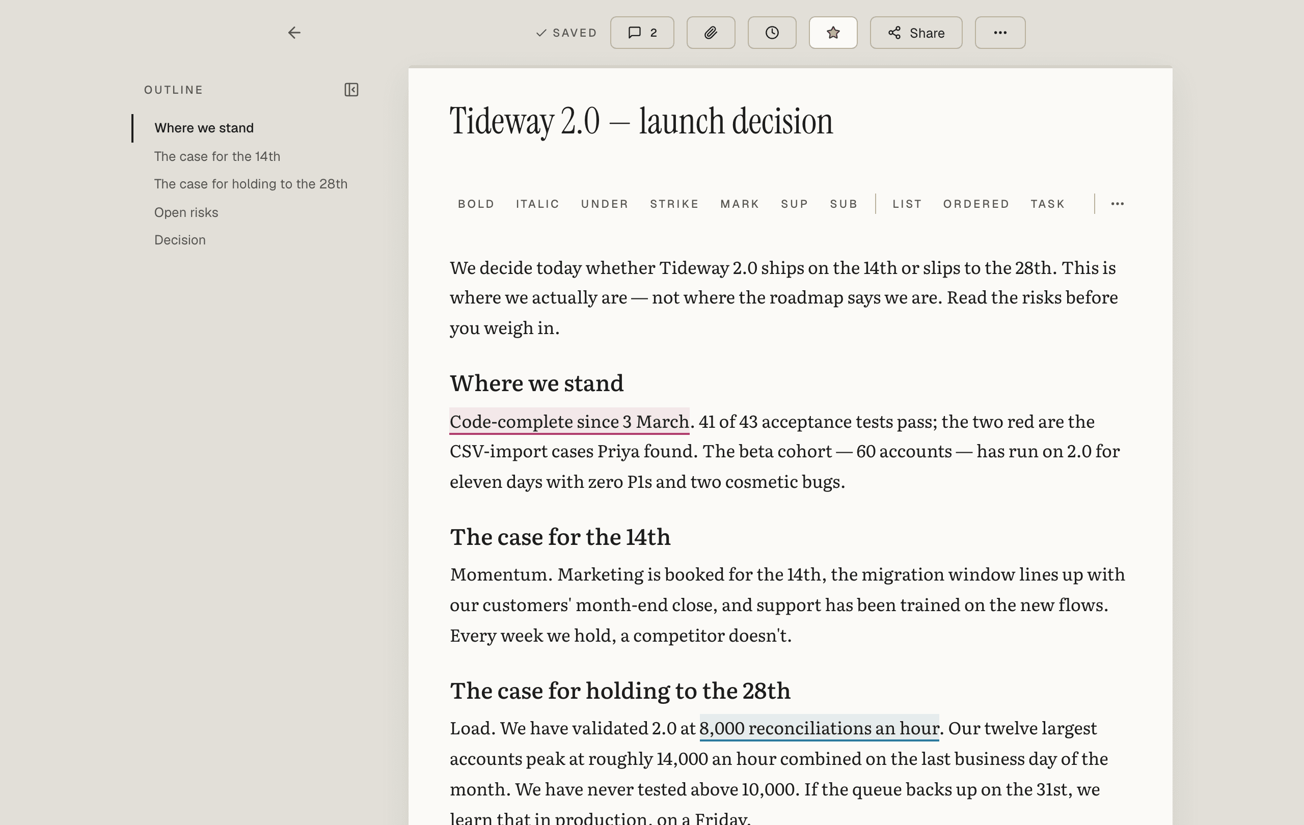 The Philoi editor showing a launch-decision document, with the outline rail on the left, a starred title, and the formatting toolbar.