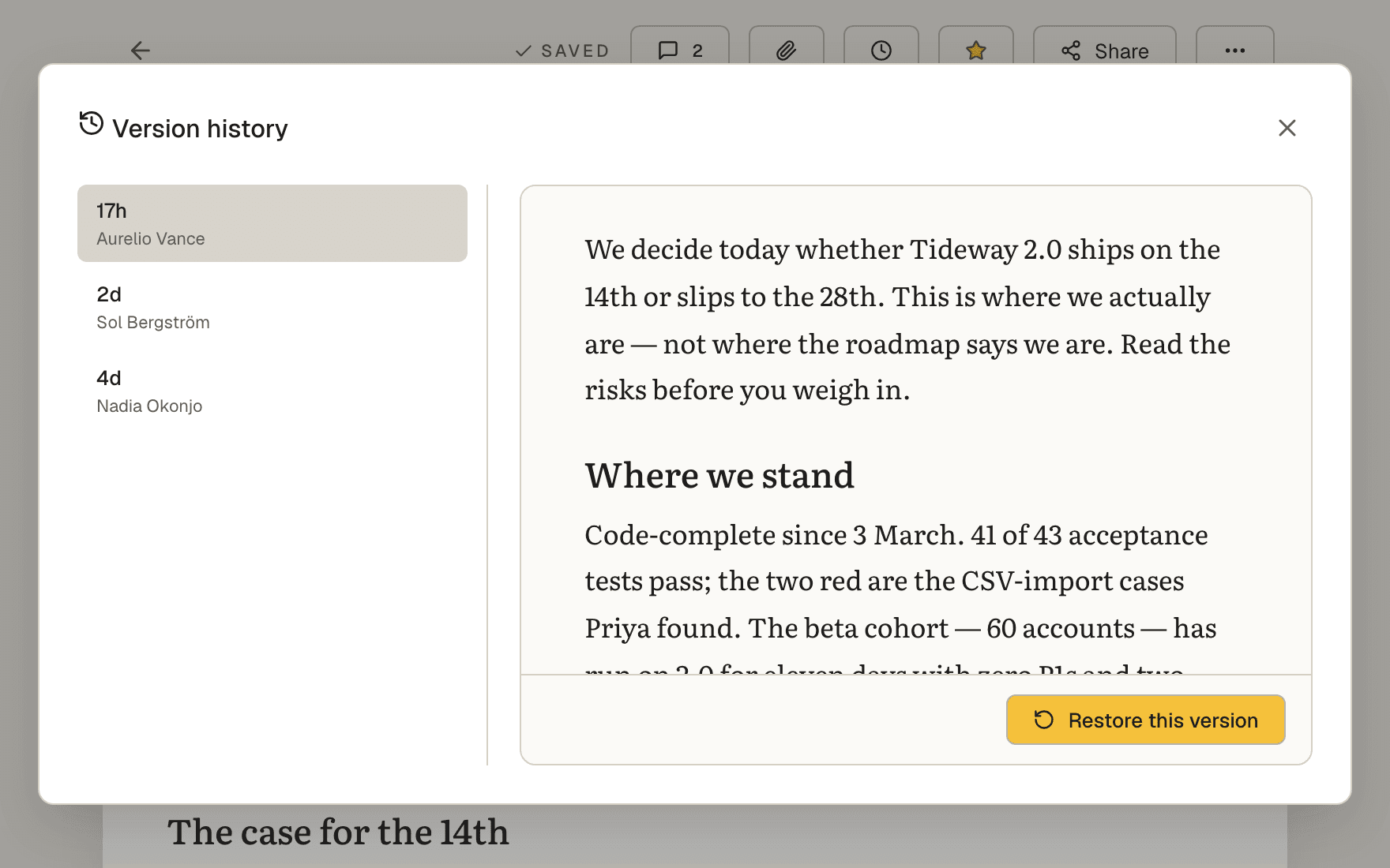 The Philoi version-history panel: a list of saved versions with authors and times, a preview, and a restore action.