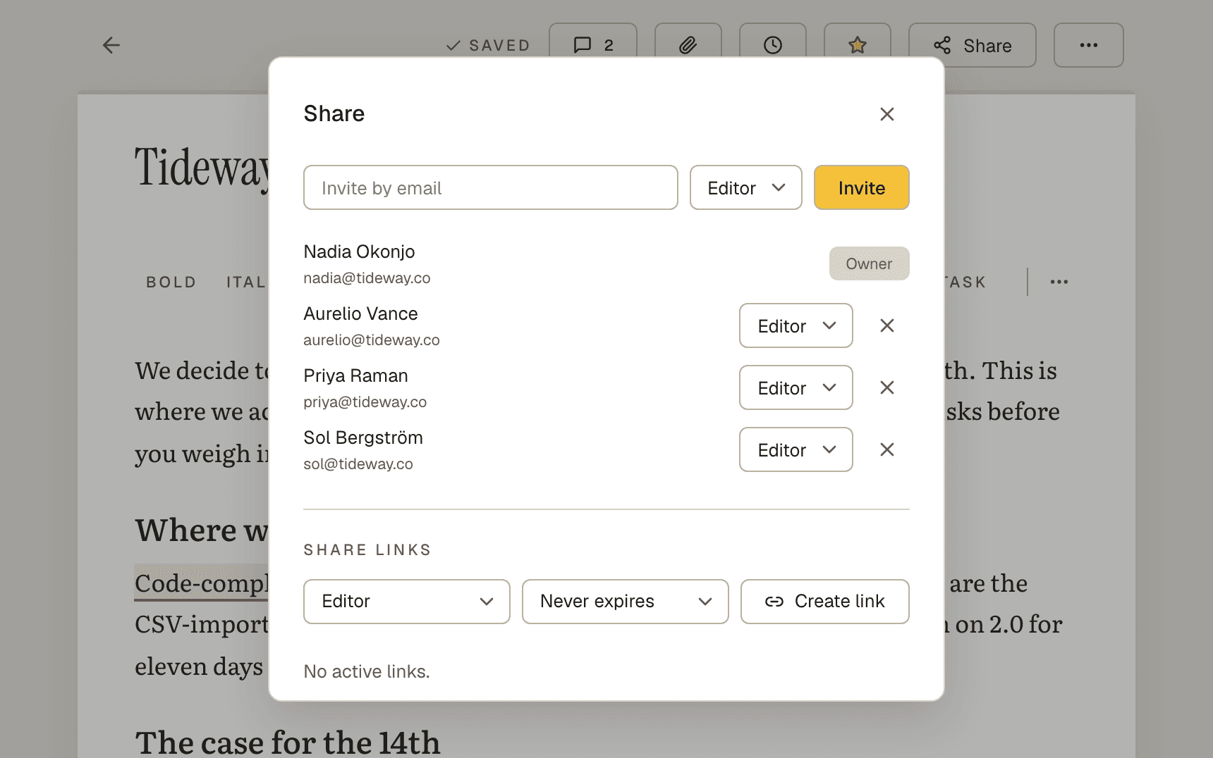The Philoi share dialog: four collaborators with per-person roles, and an invite-by-email field.